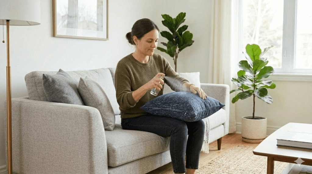 woman spray fragrance in cushion