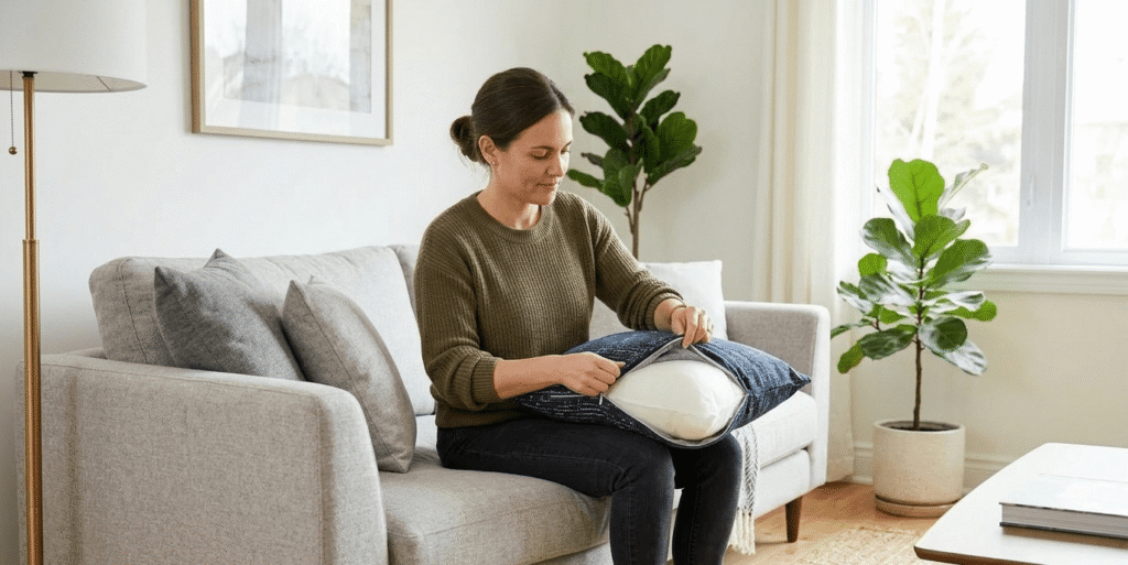 woman remove cushion covers